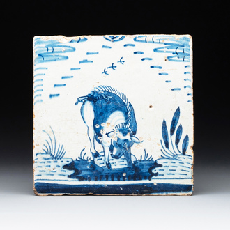 A blue and white Rotterdam 'crown' 'boar' tile, 17th C.