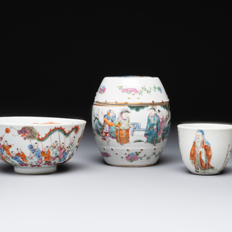 A Chinese famille rose covered jar, a 'playing boys' bowl and a 'poem' cup, Jiaqing mark, 19th C.
