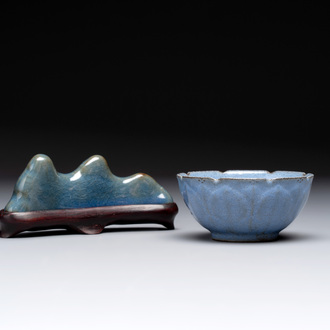 A Chinese blue-glazed Yixing stoneware 'lotus' bowl, and a brush rest on wooden stand, 18/19th C.