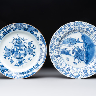 A Chinese blue and white 'heightened medallion' dish and a 'hunting' dish, Chenghua mark, Kangxi/Yongzheng
