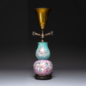 A Chinese famille rose double gourd 'Eight Immortals' vase mounted as a lamp, 19th C.