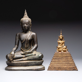 A Thai bronze Buddha in bhumisparsha mudra and a gilt-and-red-lacquered bronze Buddha on a high pedestal with devotees, 18/19th C.