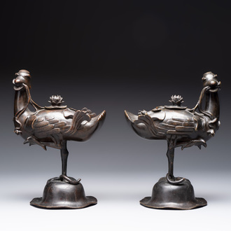 A pair of Chinese bronze duck-form censers, 17/18th C.