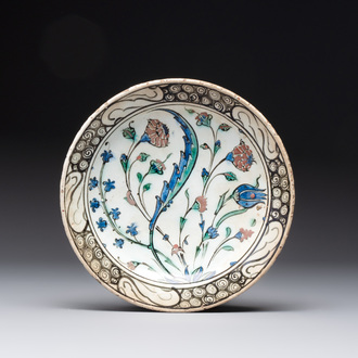 A polychrome Iznik pottery 'saz leaf' dish, Turkey, 17th C.