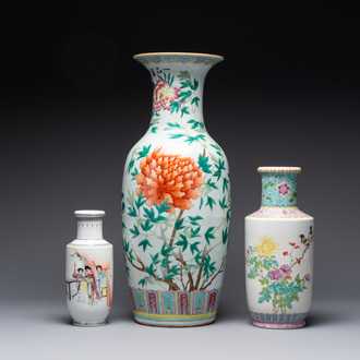 Three Chinese famille rose vases with figural and floral design, Qianlong mark, 19/20th C.