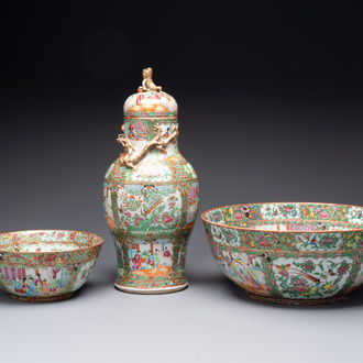 A Chinese Canton famille rose covered vase and two bowls, 19th C.