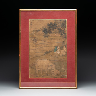 After Tang Yan 唐寅 (1470—1523): 'Buffalo and sage', ink and colour on silk, signed Liuru Jushi 六如居士, 18/19th C.