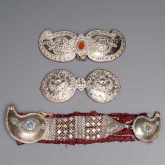 An Ottoman silver-plated wedding belt and two pairs of silver and copper buckles, 19th C.