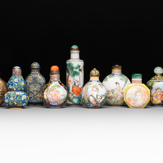 A collection of ten Chinese Canton enamel and porcelain snuff bottles, Qianlong mark, 19/20th C.