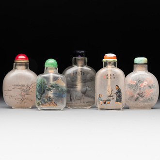 Five Chinese inside-painted glass snuff bottles, signed Ma Shaoxuan 馬少宣, Pu Ru 溥儒 and Ye Zhongsan 葉仲三, 20th C., one dated 1962