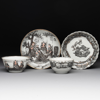 Two Chinese gilt-decorated grisaille 'European subject' cups and saucers, Qianlong