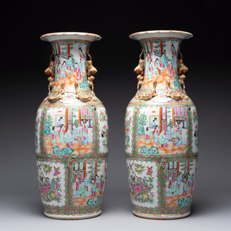 A pair of Chinese Canton famille rose vases with narrative design, 19th C.