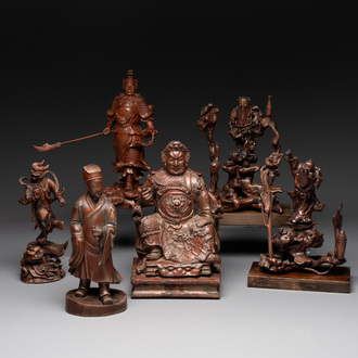 A diverse group of six Chinese lacquered wood and wooden sculptures, 19/20th C.