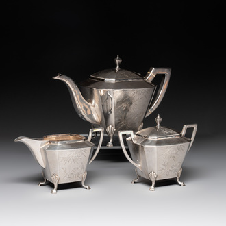 A Chinese silver covered teapot, sugar jar and milk jug with bamboo design, Tackhing 90% silver mark, 20th C.
