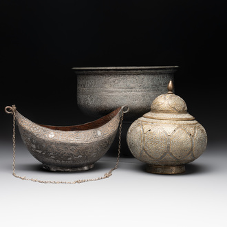 A tinned copper 'kashkul' or begging bowl, a calligraphic bowl and a brass covered jar, Iran, 18/19th C.