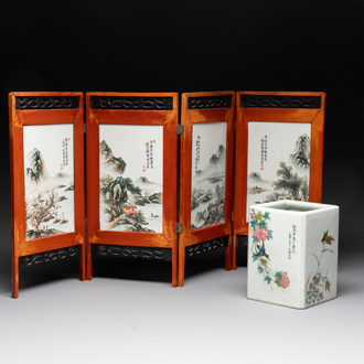 A Chinese famille rose square brush pot and a four-fold table screen with qianjiang cai plaques, Republic, dated 1947