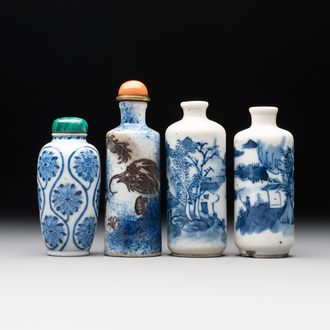 Four Chinese blue, white and copper-red snuff bottles, Yongzheng mark, 19th C.