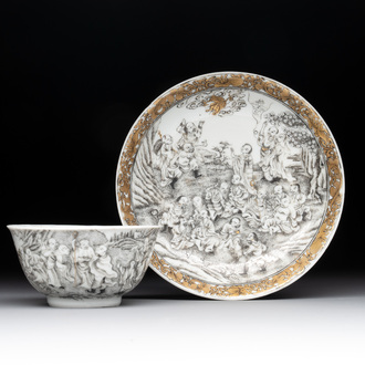 A fine Chinese grisaille and gilt '18 Luohan' cup and saucer, Yongzheng