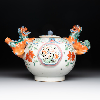 A rare Chinese famille rose double-walled 'Buddhist lions' teapot and cover, Qianlong