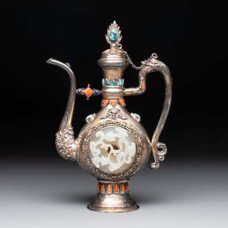 A Chinese jade-inset and hardstone-inlaid silver ewer and cover in Mongolian style, 19th C.
