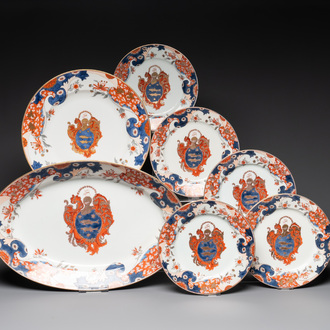 Five Imari-style plates, a dish and an oval charger with the arms of Guillot, Samson, Paris, 19th C.