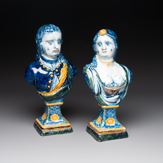 A pair of large polychrome Dutch Delft busts of Stadtholder William V and Wilhelmina, 3rd quarter 18th C.