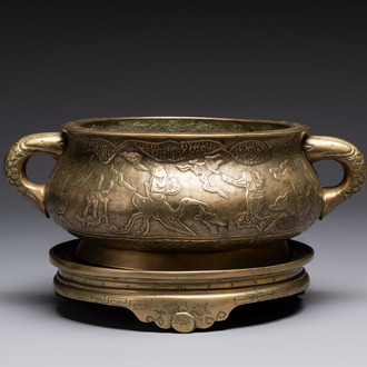 A large Chinese bronze 'Eight Immortals' censer and stand, Xuande mark, 19th C.