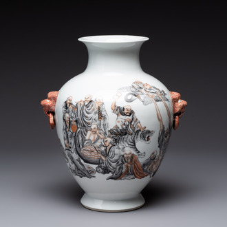 A Chinese iron-red-decorated grisaille '18 Luohan' vase, Qianlong mark, dated 1993