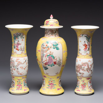 A famille rose-style garniture of three vases, Samson, Paris, 19th C.