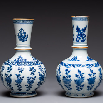 A pair of Chinese blue and white hookah bases with floral design, Kangxi