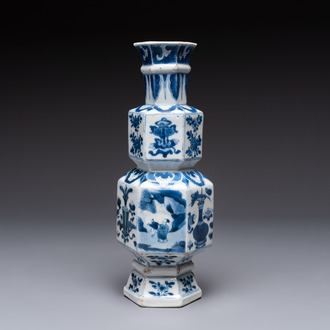 A Chinese blue and white hexagonal vase with figures and antiquities, Kangxi
