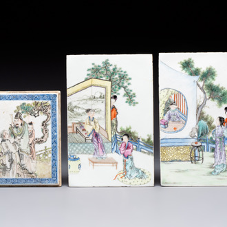A pair of Chinese rectangular famille rose plaques with figural design and a rectangular qianjiang cai plaque, signed Ziqinshi 梓卿氏, 20th C.