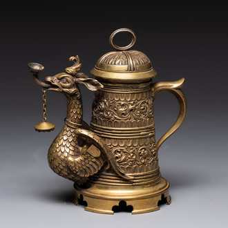 A brass griffin-form aquamanile, Germany, 19th C.