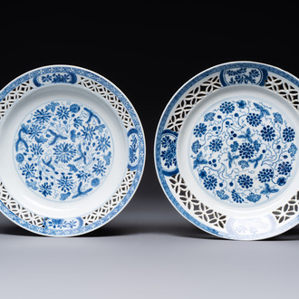 Two Chinese blue and white 'reticulated border' plates, Kangxi