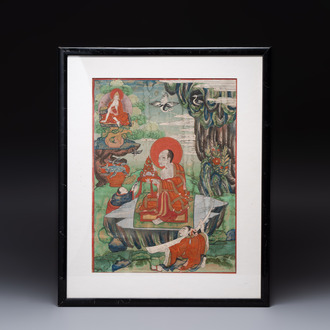 A Tibetan thangka with a seated Luohan, 18/19th C.