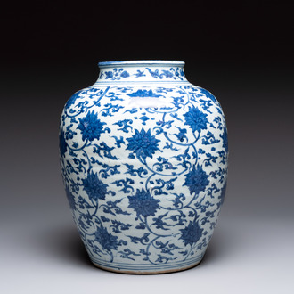 A Chinese blue and white 'lotus scroll' vase, Jiajing/Wanli