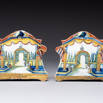A fine pair of polychrome Dutch Delft 'theater' plaques, 18th C.