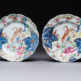 Two Chinese famille rose 'tobacco leaf' plates, Qianlong