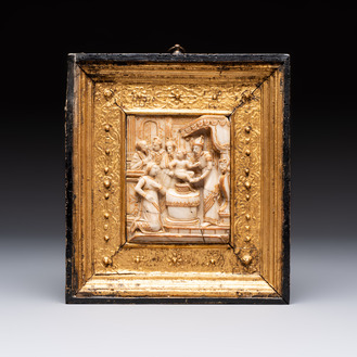 A fine gilt-heightened alabaster 'Circumcision' carving with original frame, Mechelen, 16/17th C.