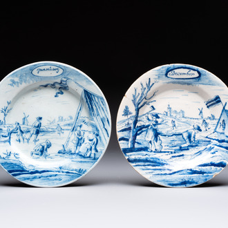 Two blue and white Dutch Delft 'month' plates, 18th C.