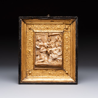 A fine gilt-heightened alabaster 'Adoration of the Magi' carving with original frame, Mechelen, 16/17th C.