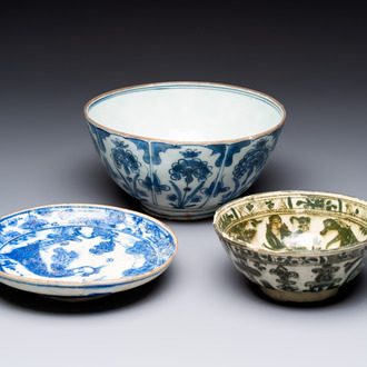 A blue and white Safavid chinoiserie bowl, a plate, and a Qajar bowl, 17/19th C.
