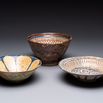 Three polychrome Kashan bowls, Persia, 13/15th C.