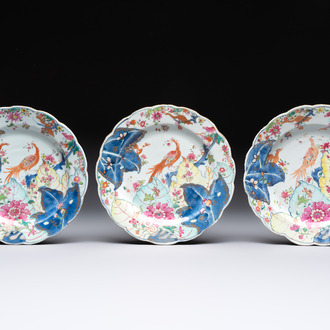 Three Chinese famille rose 'tobacco leaf' plates, Qianlong