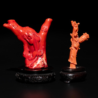 A Chinese red coral figure of a lady on wooden stand and a coral chilong carving, 19/20th C.