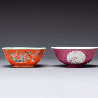 A Chinese coral-red-ground famille rose square bowl and a sgraffito-ruby-ground bowl, Qianlong and Tongzhi mark, 19/20th C.