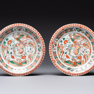 A pair of Chinese famille verte 'phoenixes' plates, Kangxi