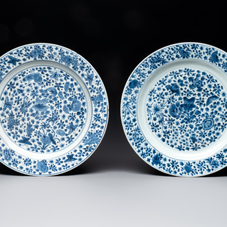 A pair of Chinese blue and white 'floral' dishes, Chenghua mark, Kangxi