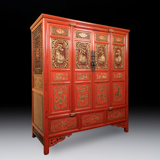 A large and fine Chinese gilt-red-lacquered cabinet with figures and antiquities, 19th C.