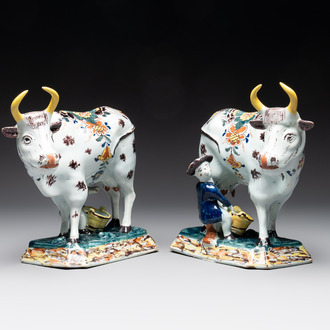 A pair of polychrome Dutch Delft milking groups, 18th C.